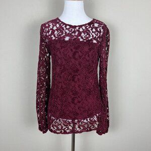 Sundance Blouse Top Womens XS Burgundy Velvet Lace Sheer Floral Long Sleeve